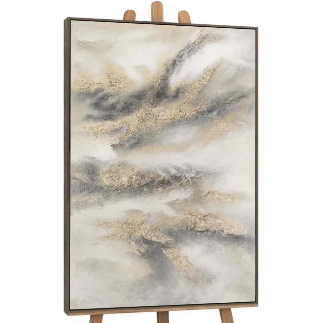 YS Canvas schilderij handgeschilderd cloudy melody abstract – YS-Art Gallery – Luxe wanddecoratie voor woonkamer – Modern schilderij voor slaapkamer en hal Grey