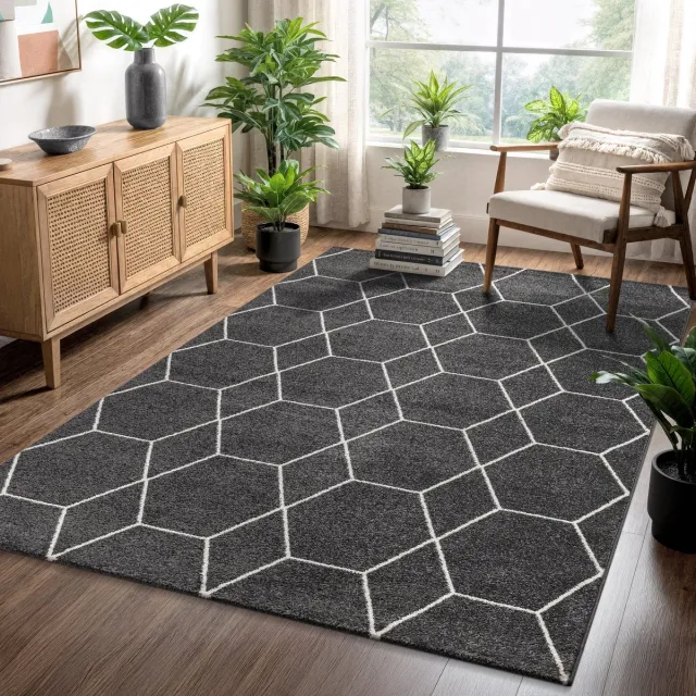 Muratap Trellis Uni Laagpolig Vloerkleed Donkergrijs- 80x150 CM