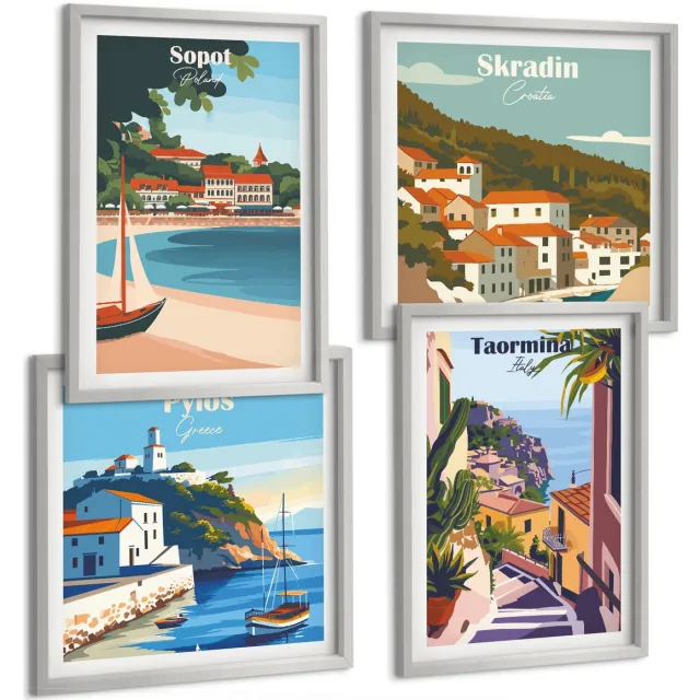 TULUP 4-Delige Schilderij Set - Uitzichten op kuststeden in stijlvolle illustraties - 40 x 40 cm en 40 x 60 cm - Schilderijen Set - Wanddecoratie - Woonkamer - Woonkamer Decoratie Zilveren lijst