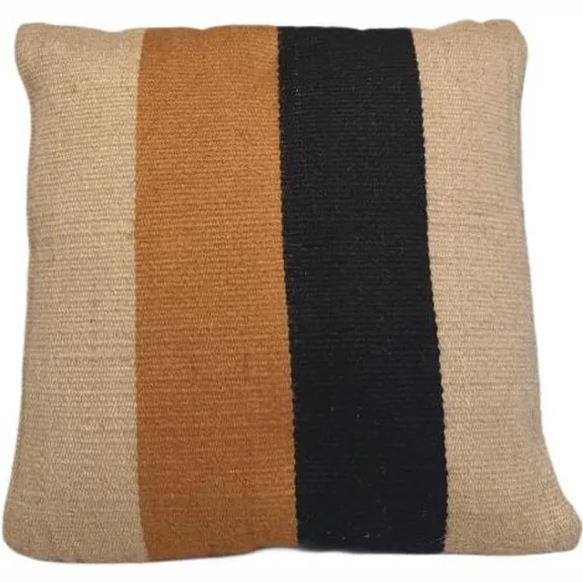 Van Rene Van René Sierkussen Gestreept Zwart-Naturel-Bruin Jute vierkant 45/45cm Tuinkussen rits achterkant incl. binnen kussen Zwart - Naturel - Brique
