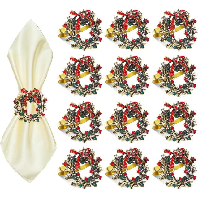 HisKes 12 Pcs servetringen met kerstkransmotief - feestelijke servethouders met strass‑steentjes - decoratie voor Thanksgiving‑ en kerstdiners Goud, rood en groen