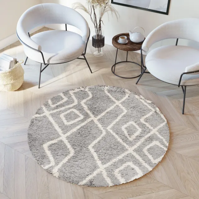 Tapiso Boho Vloerkleed Rond Grijs Creme Shaggy Bohemian Design Duurzaam Slaapkamer Woonkamer Hal