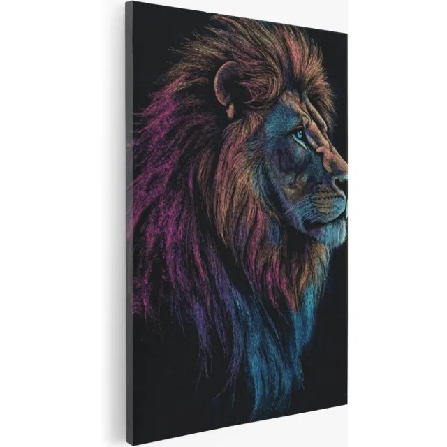 Saammp Canvas Schilderij - Leeuw met gekleurde manen - Natuur - Dieren - 50x70 - Foto op canvas - Wanddecoratie - Muurdecoratie Woonkamer - Slaapkamer decoratie - Canvas Print Multicolor