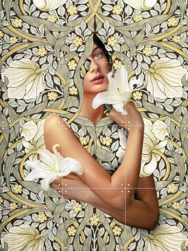 IXXI Beyond Flowers, Paste in Place - 60 x 80 cm - Grote wanddecoratie en posters - Collage, Art Nouveau, Gemengde Technieken, Klassiek, Slaapkamer Warme kleuren / Wit