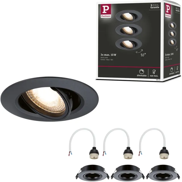 Paulmann Inbouwlamp Set van 3 zwenkbaar rond 90 mm 30° GU10 max. 3x10W 230V dimbaar Zwart