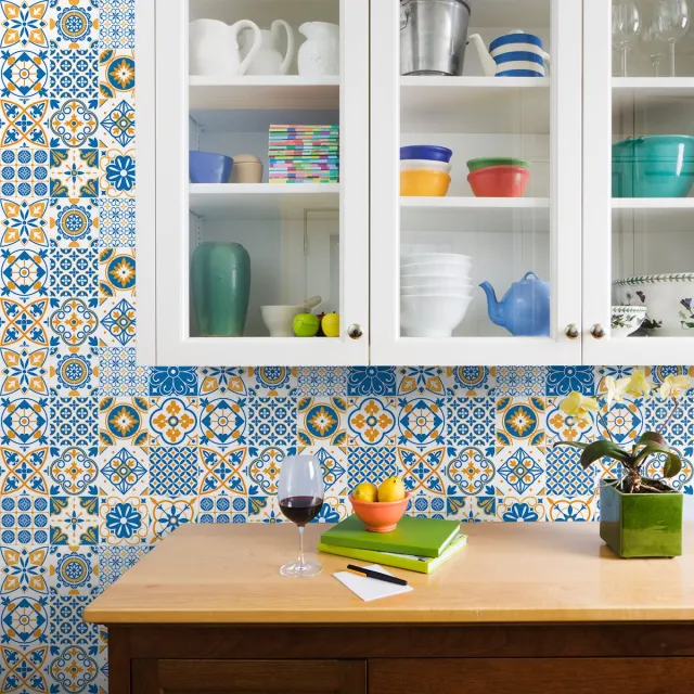 Ambiance Sticker Zelfklevende tegelmuurstickers voor keuken en badkamer - 9 cementtegelstickers, Azulejos Sidonio - 9 stickers, 10x10cm Multi color