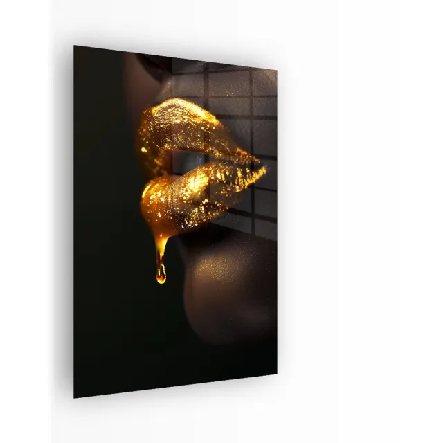Indoorart Glasschilderij Goud Druipende Lippen 60x90 CM - Afbeelding op plexiglas - Inclusief montagemateriaal zwart, wit, goud, bruin