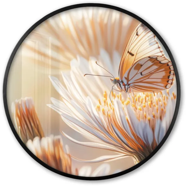 FrameYourWall Poster in lijst Rond - Fotolijst 80x80 cm - Posters - Vlinder - Bloem - Oranje - Ronde posterlijst zwart - Decoratie - Wanddecoratie woonkamer - Muurdecoratie slaapkamer Bloem - Vlinder