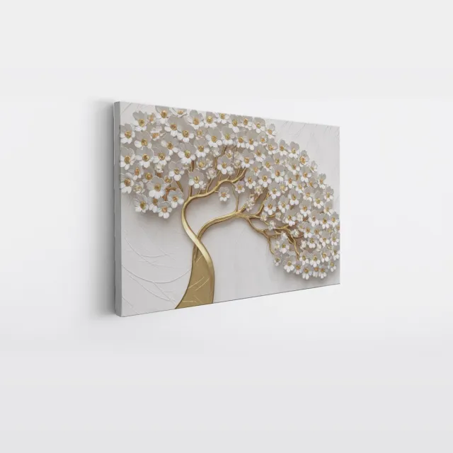 Saammp Canvas Schilderij - goude boom met witte bloemen - Abstract - 100x75 - Foto op canvas - Wanddecoratie - Muurdecoratie Woonkamer - Slaapkamer decoratie - Canvas Print Multicolor