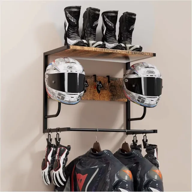 CreateEcom kapstok - motor accessoires - helmhouder - helm kapstok - Wandmontage motorjas en helmhouder - tactische uitrustingsorganizer en haak - metalen frame opslag voor rijuitrusting en outdoor-apparatuur - 43x25x43 cm - bruin