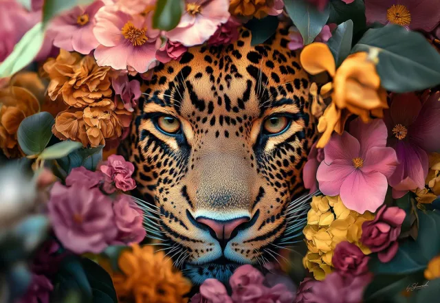 Ter Halle Glasschilderij 160x110cm Panter in bloemenzee Diverse kleuren
