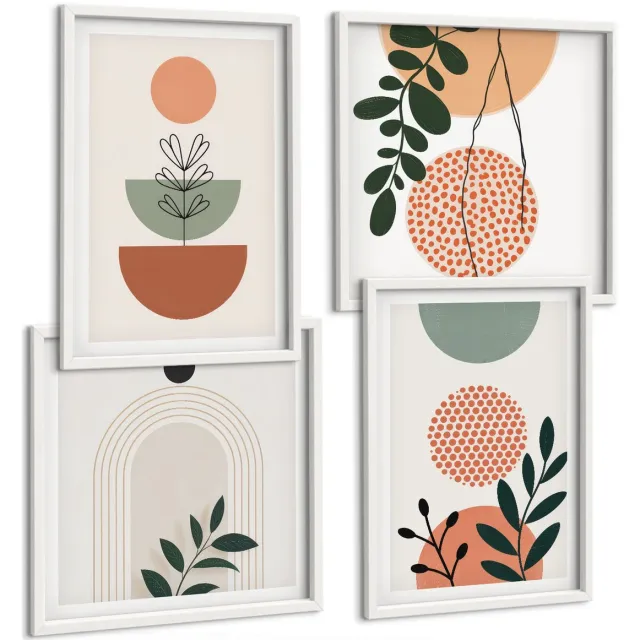 TULUP 4-Delige Schilderij Set - Plantmotieven in moderne vormen en kleuren - 40x40 en 40x60 - Moderne Wanddecoratie - Slaapkamer - Muurdecoratie Witte lijst