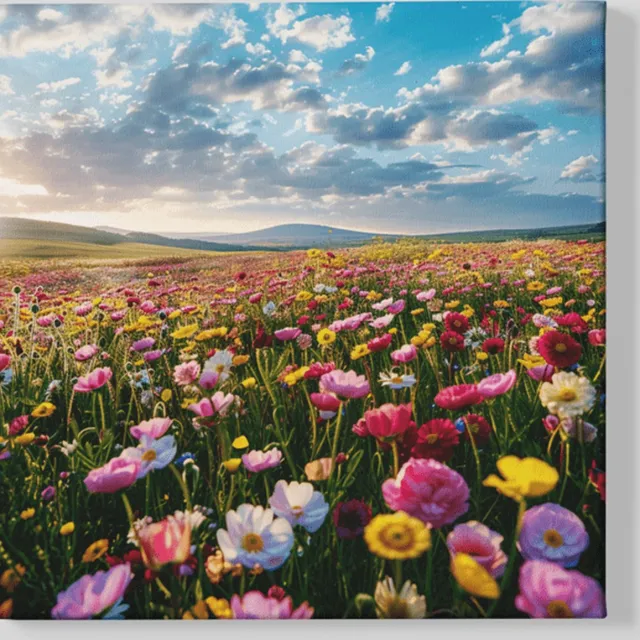 Trendex Global Canvas Schilderij - Bloemenveld - Vierkant - Bloemen - 100x100x2 cm Kleurrijk