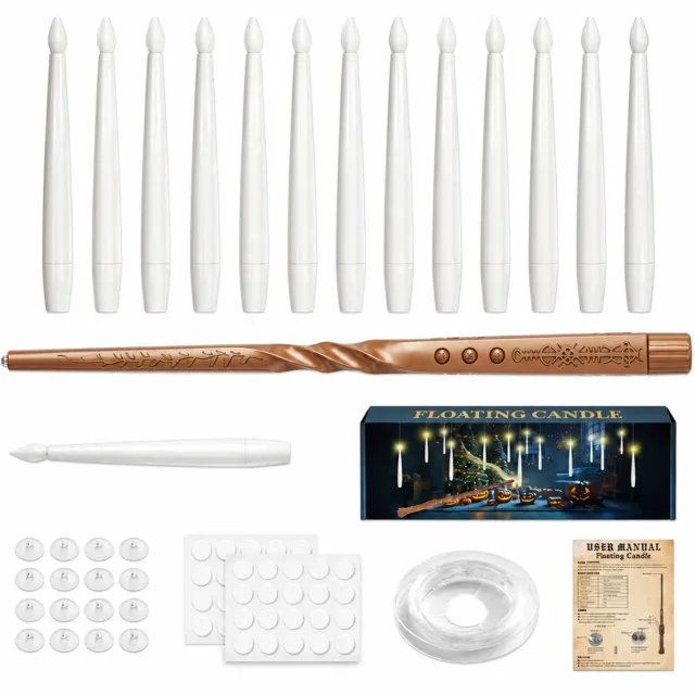 SWGOTA led kaarsen, set van 12 zwevende kaarslampen met vlamvormige top en toverstaf met runen van 30 cm, voor kerst en feesten, inclusief ophangaccessoires Wit