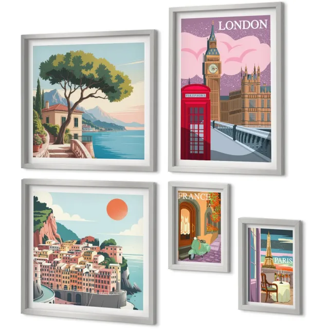 Coloray 5-Delige Schilderij Set - Illustraties Van Gezichten En Bladeren, Grafische Vormgeving Door Henri Matisse - 20 x 30 cm - Schilderijen Set - Wanddecoratie - Woonkamer Zilveren lijst