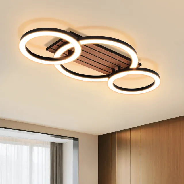 NETTLIFE LED Plafondlamp 58 cm - 3-Ringen Design - Zwart met Houtlook - Tweezijdige Verlichting - 21W - 3000K Warm Wit Licht - voor Woonkamer | Slaapkamer | Eetkamer
