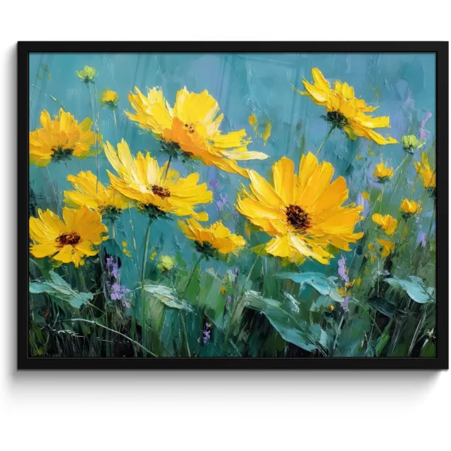 FrameYourWall Poster in lijst - Fotolijst 80x60 cm - Posters - Penseelstreken - Bloemen - Felgeel - Abstract - Posterlijst zwart - Decoratie - Wanddecoratie woonkamer - Muurdecoratie slaapkamer