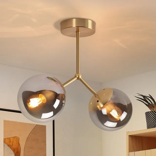 NETTLIFE Plafondlamp E27 - Glas - 2 Lichts - goud - Vintage Woonkamerlamp - in gouden glazen bol - voor Keuken | Gang | Slaapkamer - MAX.25W-excl. lichtbron