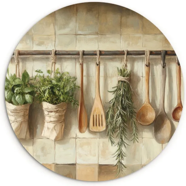 WallCircle Wandcirkel 30x30 cm - Muurcirkel Hout - Keukengerei - Stilleven - Tegels - Muurdecoratie woonkamer - Wanddecoratie keuken - Kamer decoratie accessoires - Ronde schilderijen Houten keukengerei - Stilleven