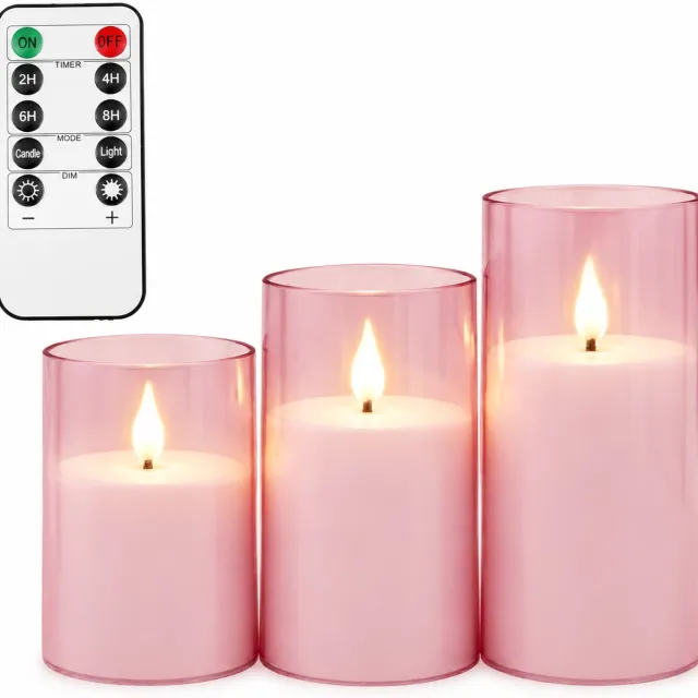 SWGOTA led kaarsen - 3 roze kaarsen met druppelvormige vlam en doorschijnende buitenzijde - Voor feestdecoratie - Inclusief afstandsbediening en 1 knoopcel voor de afstandsbediening