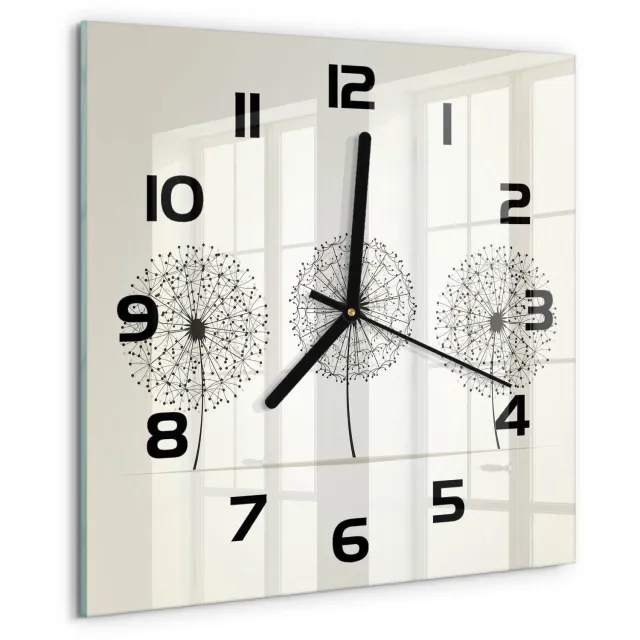 TULUP Wandklok - Paardenbloemtand Glazen Klok Met Print - 30x30 cm - Beige Wandklok Glas Met Motief - Zwarte handen - Vierkante Klok - Wandklok Glas Decoratie - Gekleurde Glazen Klok