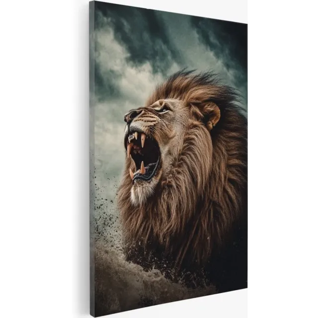 Saammp Canvas Schilderij - Brullende Leeuw - storm - Dieren - Natuur - 50x70 - Foto op canvas - Wanddecoratie - Muurdecoratie Woonkamer - Slaapkamer decoratie - Canvas Print Multicolor