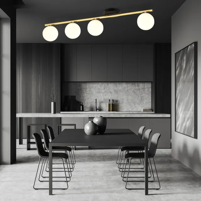 Emibig Zwart en messing 4x E14 plafondlamp glazen matwitte bollen - Perfect voor stijlvolle verlichting in elke ruimte Zwartachtig, Messing