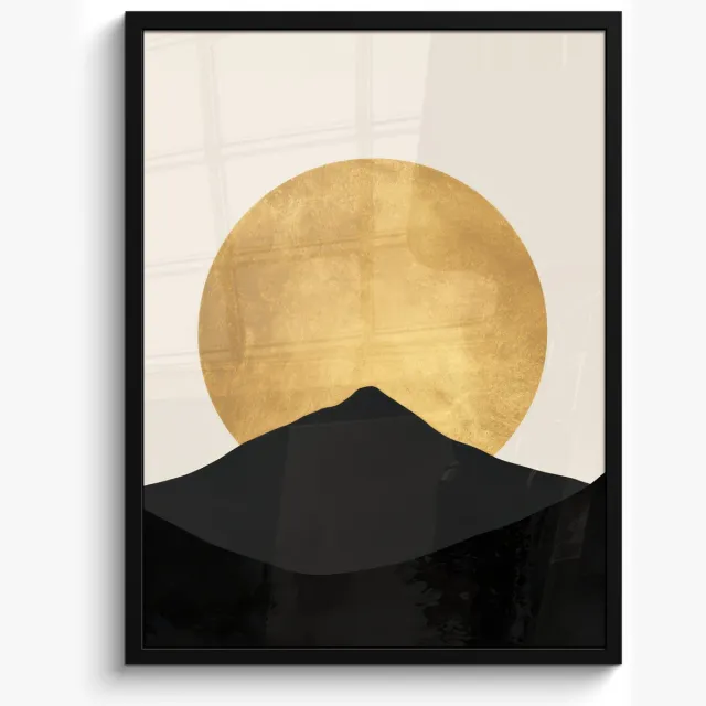 FrameYourWall Poster in lijst - Fotolijst 50x70 cm - Posters - Bergsilhouetten - Gouden cirkel - Beige - Posterlijst zwart - Decoratie - Wanddecoratie woonkamer - Muurdecoratie slaapkamer Bergsilhouetten - Cirkel
