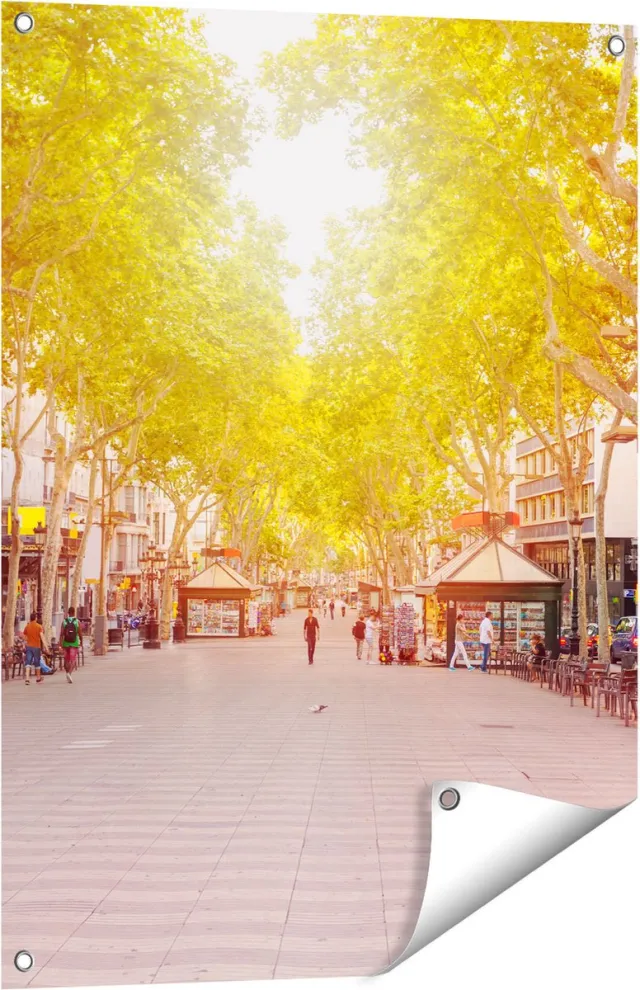Gards Tuinposter De Ramblas Straat in Barcelona - 60x80 cm - Tuindoek - Tuindecoratie - Wanddecoratie buiten - Tuinschilderij Multikleur