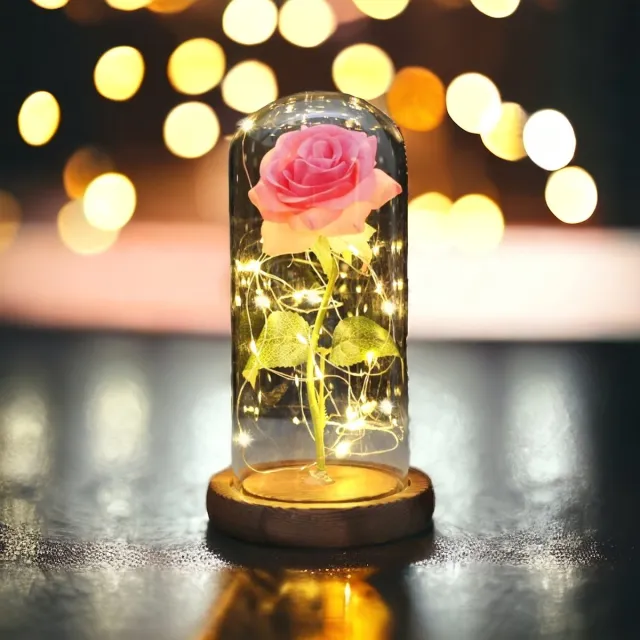 AliRose Luxe Roos in Stolp - Roze met Groen - Houten Basis - LED Roos - Valentijn - Romantiek - Liefde - Amor - Laat Je Liefde Stralen! Roze, groene steel