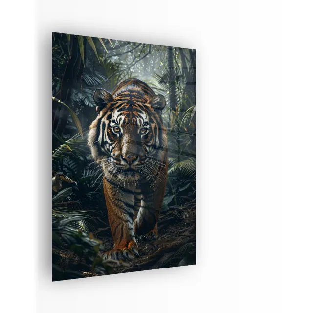 Indoorart Glasschilderij Tijgerfocus 40x60 CM - Afbeelding op plexiglas - Inclusief montagemateriaal groen, zwart, bruin, oranje