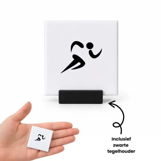 Hacebo Atletiek tegeltje met tegelhouder - Atletiek - Sportiefste sporter - tegeltjes met tekst - Hardlopen sleutelhanger - Cadeau - Atletiek - Sport - spreuktegels - 4.8x4.8 CM Wit