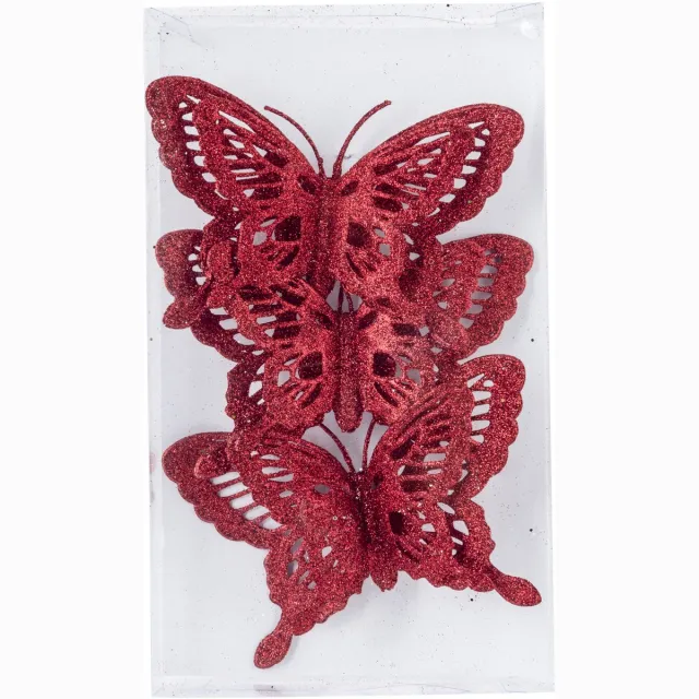 Cosy&Trendy Kerstboomversiering Vlinder - 3x stuks - 14 cm - rood glitter - op clip