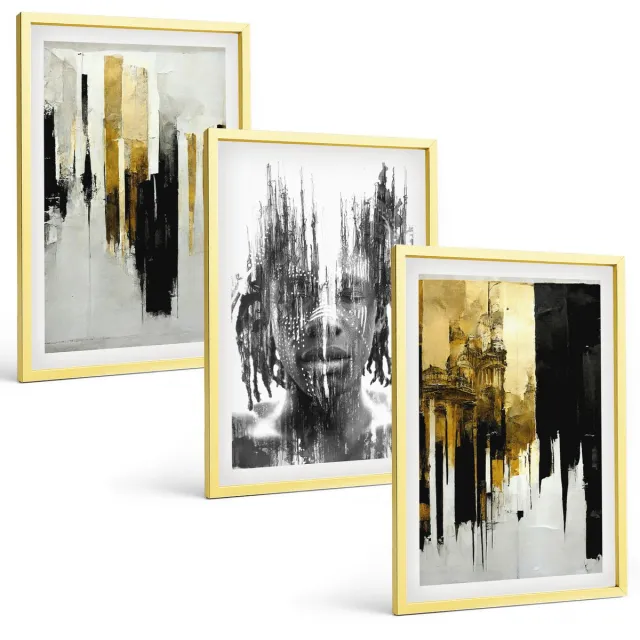 Coloray 3-Delige Schilderij Set - Esthetische Tropische Bladeren In Diverse Groene Tinten - 40 x 40 cm En 40 x 60 cm - Decoratieve Schilderijen - Woonkamer - Interieur - Muurdecoratie Gouden lijst