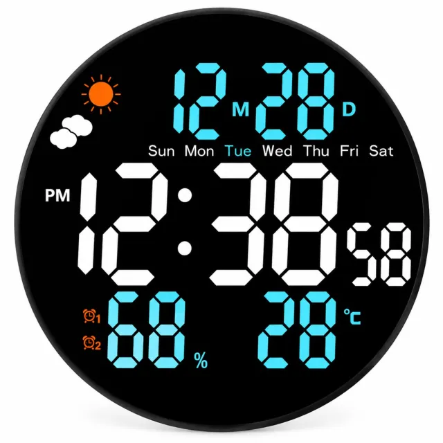 SWGOTA Digitale LED-wandklok - blauwe variant - rond, grote tijdcijfers, datum, weekdag, temperatuur en luchtvochtigheid