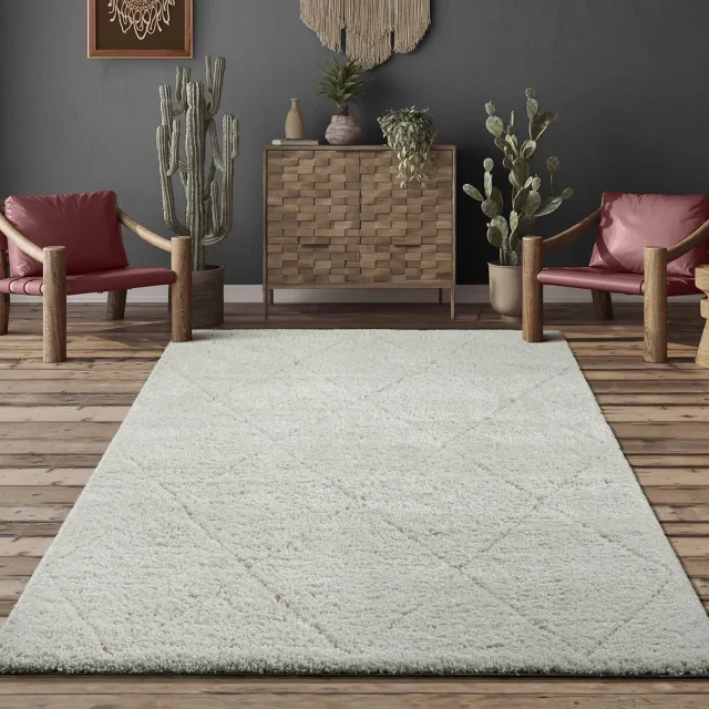 the carpet Bahar Shaggy – Hoogpolig vloerkleed met ruitpatroon in Scandinavische stijl, crème, 240 x 340 cm crème met ruitpatroon