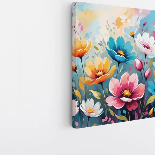 Saammp Canvas Schilderij - Gekleurde bloemen in Abstracte stijl - 40x40 - Foto op canvas - Wanddecoratie - Muurdecoratie Woonkamer - Kantoor Decoratie Multicolor