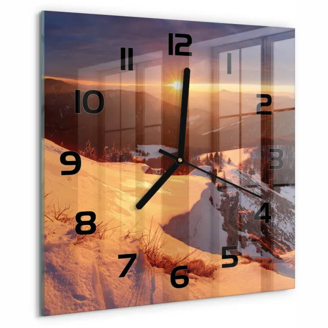 TULUP Wandklok - Winter in de bergen Glazen Klok Met Print - 30x30 cm - Wit Wandklok Glas Met Motief - Zwarte handen - Vierkante Klok - Wandklok Glas Decoratie - Gekleurde Glazen Klok