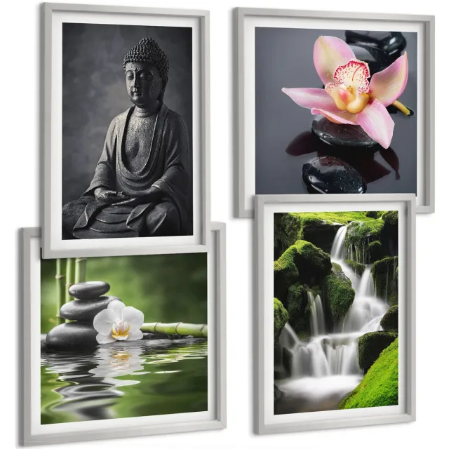 Coloray 4-Delige Schilderij Set - Rustgevende Zen-Afbeeldingen Met Water, Stenen En Boeddha - 40 x 40 cm En 40 x 60 cm - Wanddecoratie - Woonkamer Decoratie - Moderne Wanddecoratie Zilveren lijst