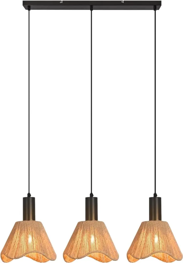 Glitzerlife Hanglampen - Boho Retro Vintage - 3xE27 - Verstelbare hoogte - Rattan papierkoord ijzer - Ø22cm - 25W 220-240V - hanglampen eetkamer verstelbaar - Eetkamer Slaapkamer Woonkamer Rechte baan Nr. 1