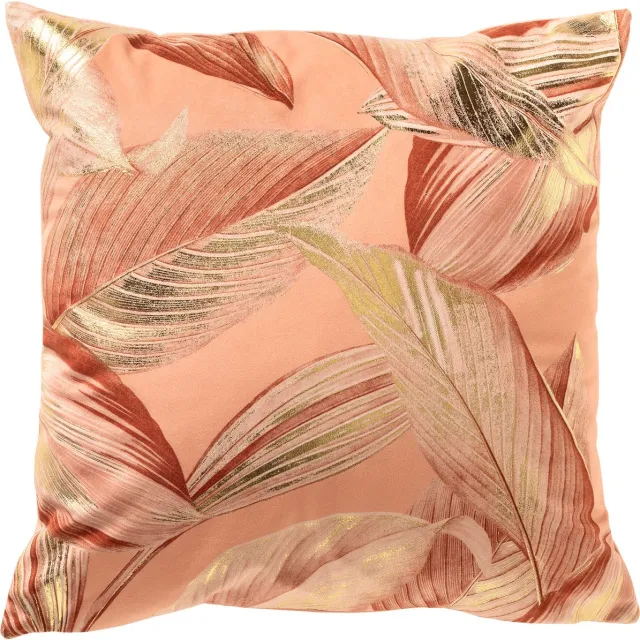 Dutch Decor MAYSA - sierkussen 45x45 cm - bladmotief - Peach Bloom - roze, goud, oranje - Inclusief binnenkussen - Luxe kussens voor woonkamer & bank Perzik