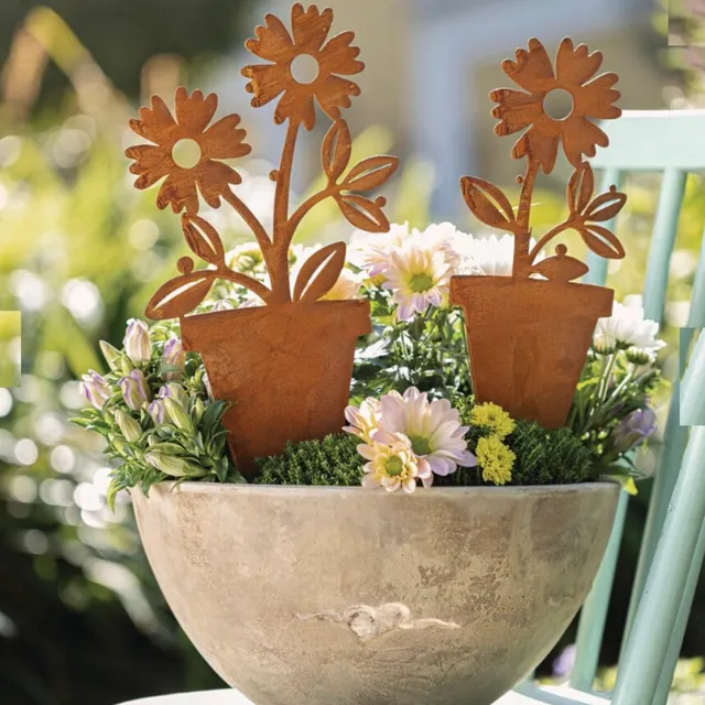 Home Deco Dream-Living Set gazonsteker tuinsteker bloem in pot 35x40 cm Roest bruin
