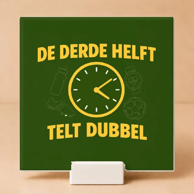 Bedruk King Strakke Derde Helft Tegel – Minimalistische Muurdecoratie voor Sportliefhebbers en Gezellige Teams - 15 x 15 cm met houder Wit