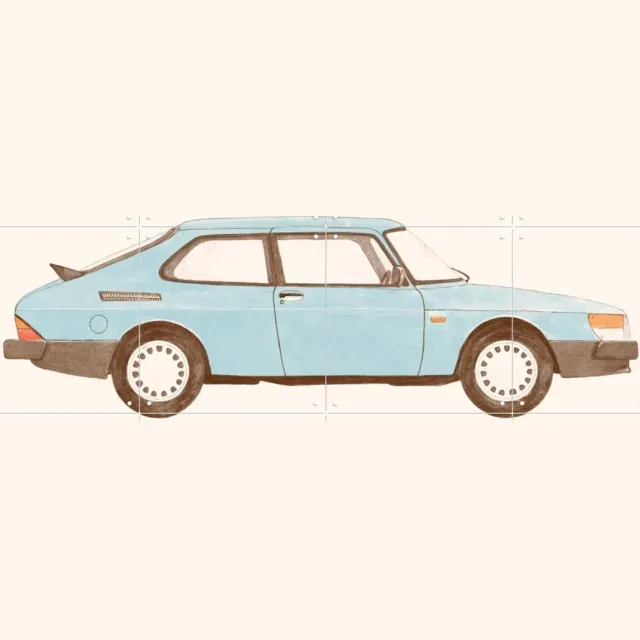 IXXI Vintage Blue Car, Florent Bodart - 80 x 60 cm - Grote wanddecoratie en posters - Vintage, Retro, Grafisch Ontwerp, Minimalisme, Illustraties Blauw