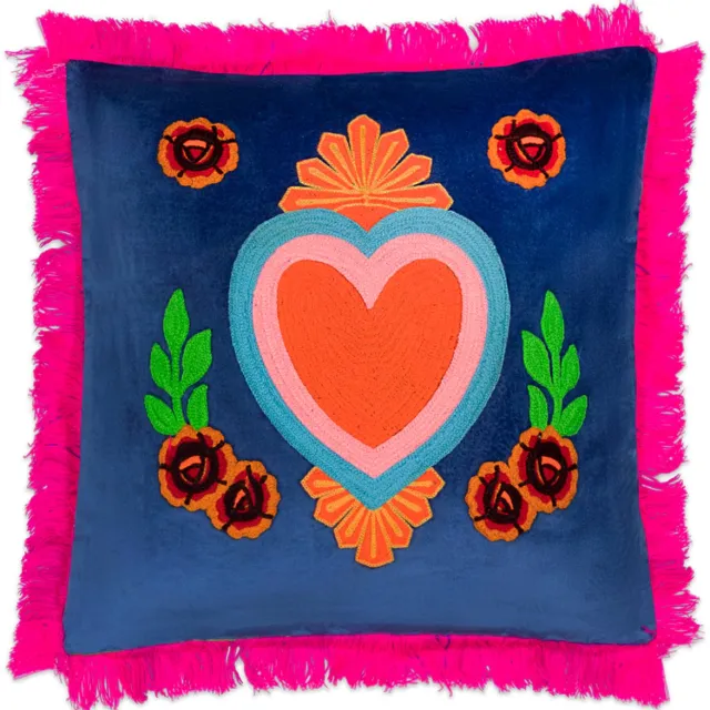 Kitsch Kitchen kussen Milagro hart donker-blauw franjes donkerblauw