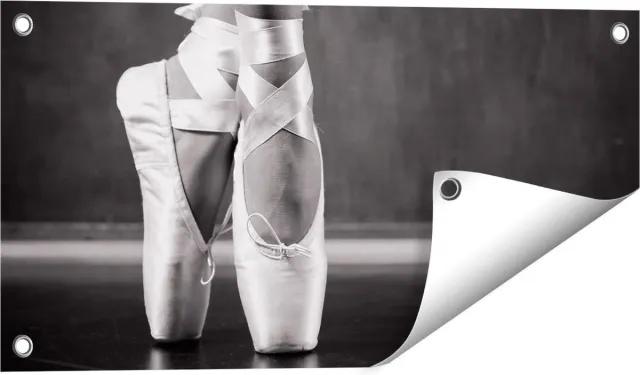 Gards Tuinposter Ballet Schoenen van een Ballerina - Zwart Wit - 60x30 cm - Tuindoek - Tuindecoratie - Wanddecoratie buiten - Tuinschilderij Multikleur
