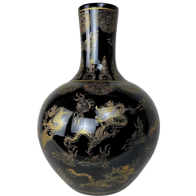 Fine Asianliving Chinese Vaas Zwart Draken Goud Handgemaakt D41xH57cm multi