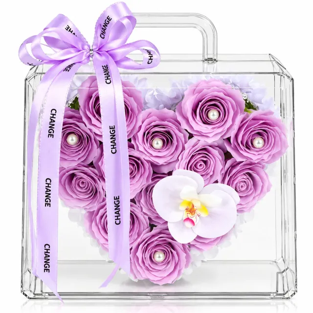La Roselle Amsterdam Rozenhart met Paarse Kunstrozen en Orchidee – Transparante Handtas Cadeaubox – Luxe Bloemengeschenk – La Roselle Amsterdam Lavendelpaars en wit