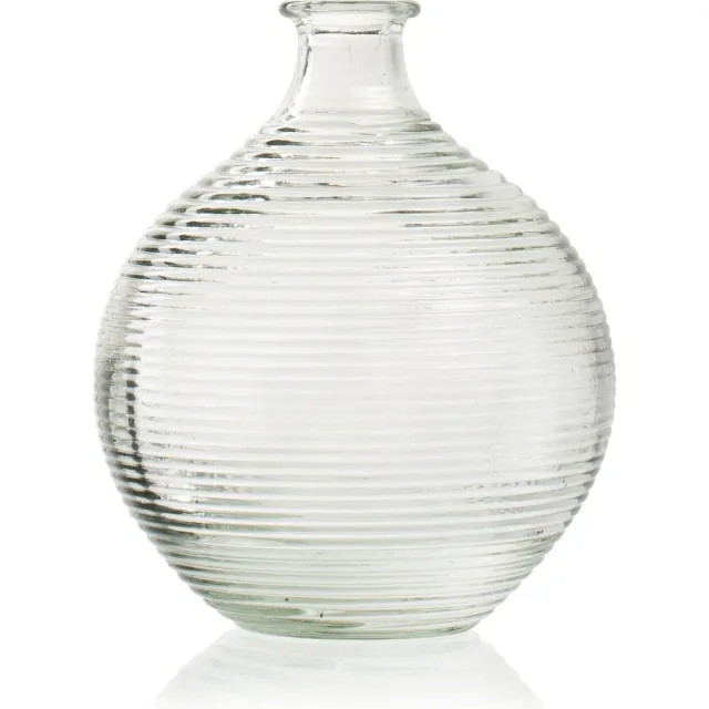 Jodeco Glass Flesvaas met ribbel 'Femke' h20 d16,5 cm - Transparant/Helder/Doorzichtig glas - Bloemen vaas - Decoratie - Gestreept/Geribbeld patroon