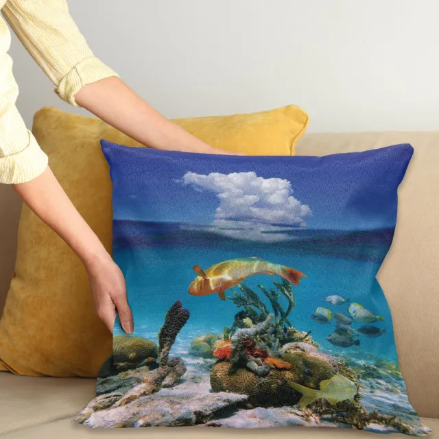 ABAKUHAUS Nautisch Sierkussenhoes, Underwater Maritime Leven Landschap met Exotisch Vis Reefs in de Oceaan Caribbean Afbeelding, Decoratieve Vierkante Sierkussenhoes, 40 x 40 cm, Blauw Oranje